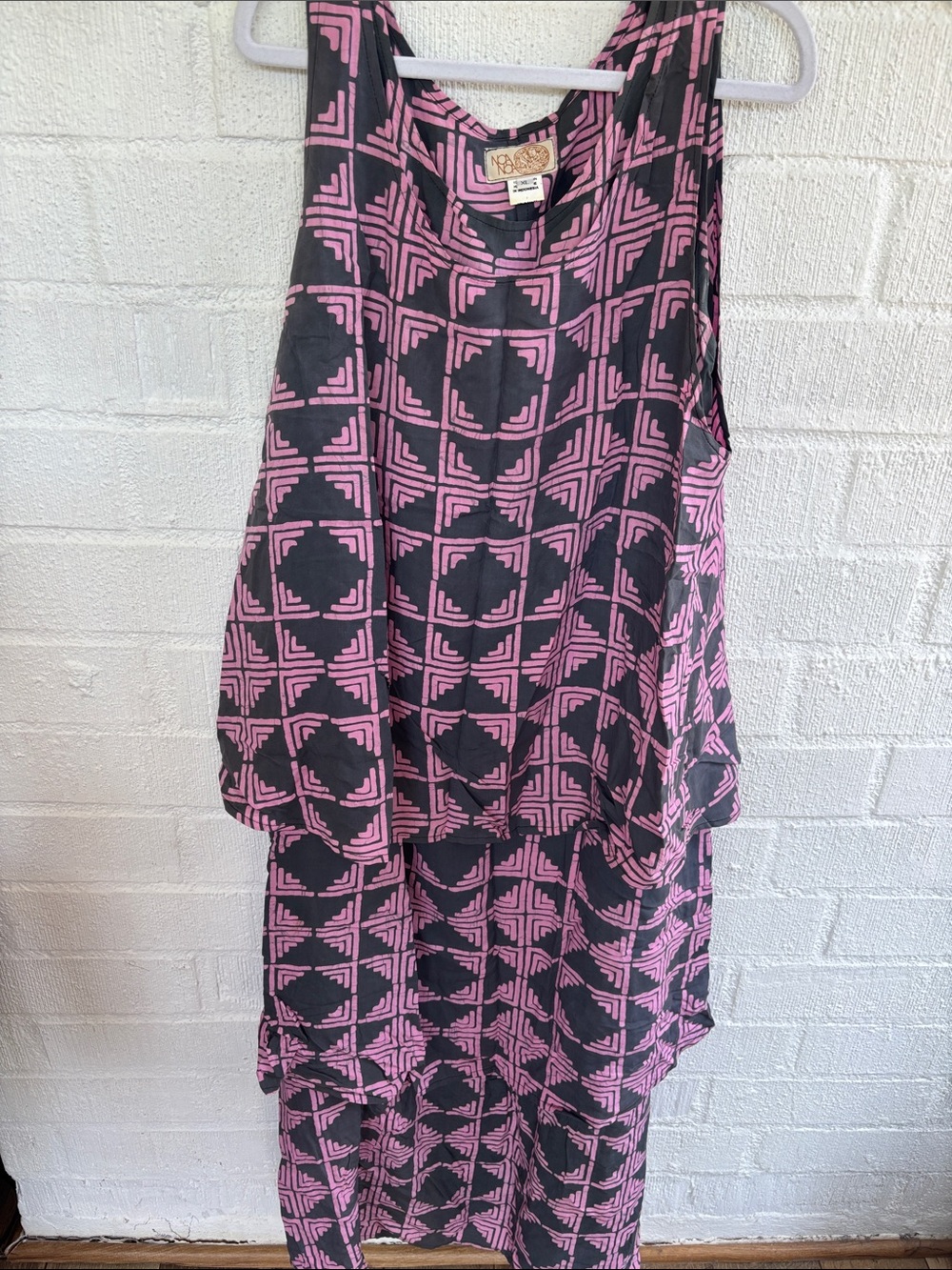 NOA NOA Tiered Maxi Black and Pink Geometric Handmade Maxi Dress sz XL